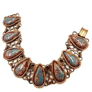 Vintage retro copper tone blue glitter confetti lucite cabochons bracelet